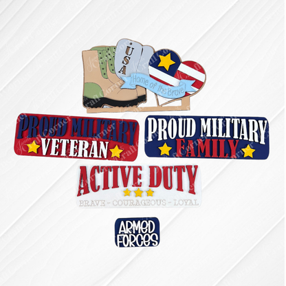Showcasing military-themed crafts on a burlap background, this DIY home decor kit includes an interchangeable display that features a USA sign with a boot and the text "Home of the Brave." Created by Janet's Craft Corner, this hand-painted Military Interchangeable Insert also has badges reading "Proud Military Veteran" and "Proud Military Family.