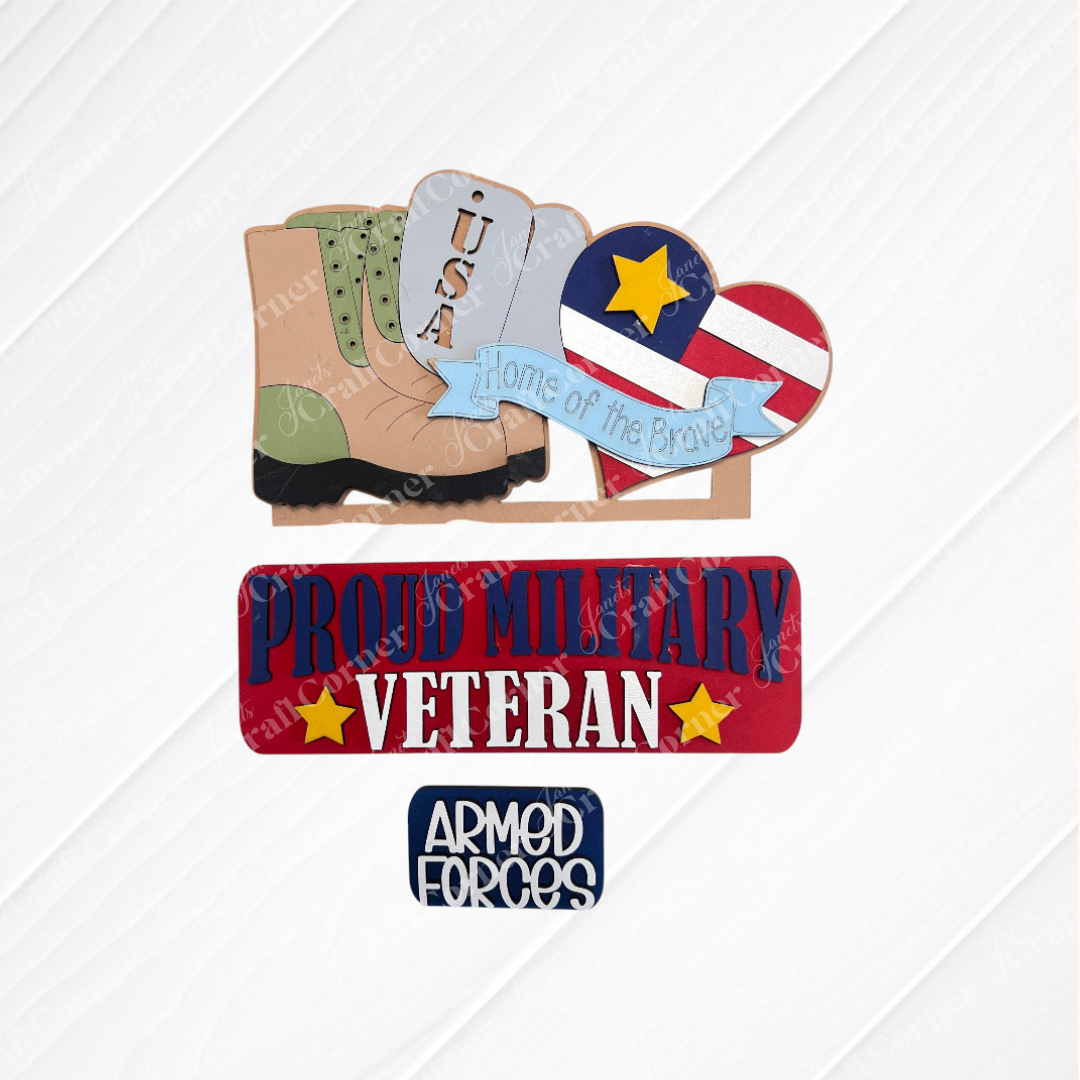 Janet's Craft Corner offers a Military Interchangeable Insert set, featuring burlap signs: a USA boot, a stars-and-stripes heart, and a "Proud Military Veteran" plaque. This DIY home decor kit adds patriotic charm to any space.