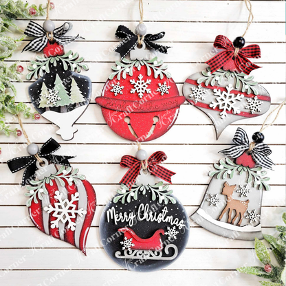 The Mistletoe Ornaments DIY Decor Kit by Janet's Craft Corner includes six festive ornaments in red, black, and white with bows and greenery—perfect wintry decor for your home.