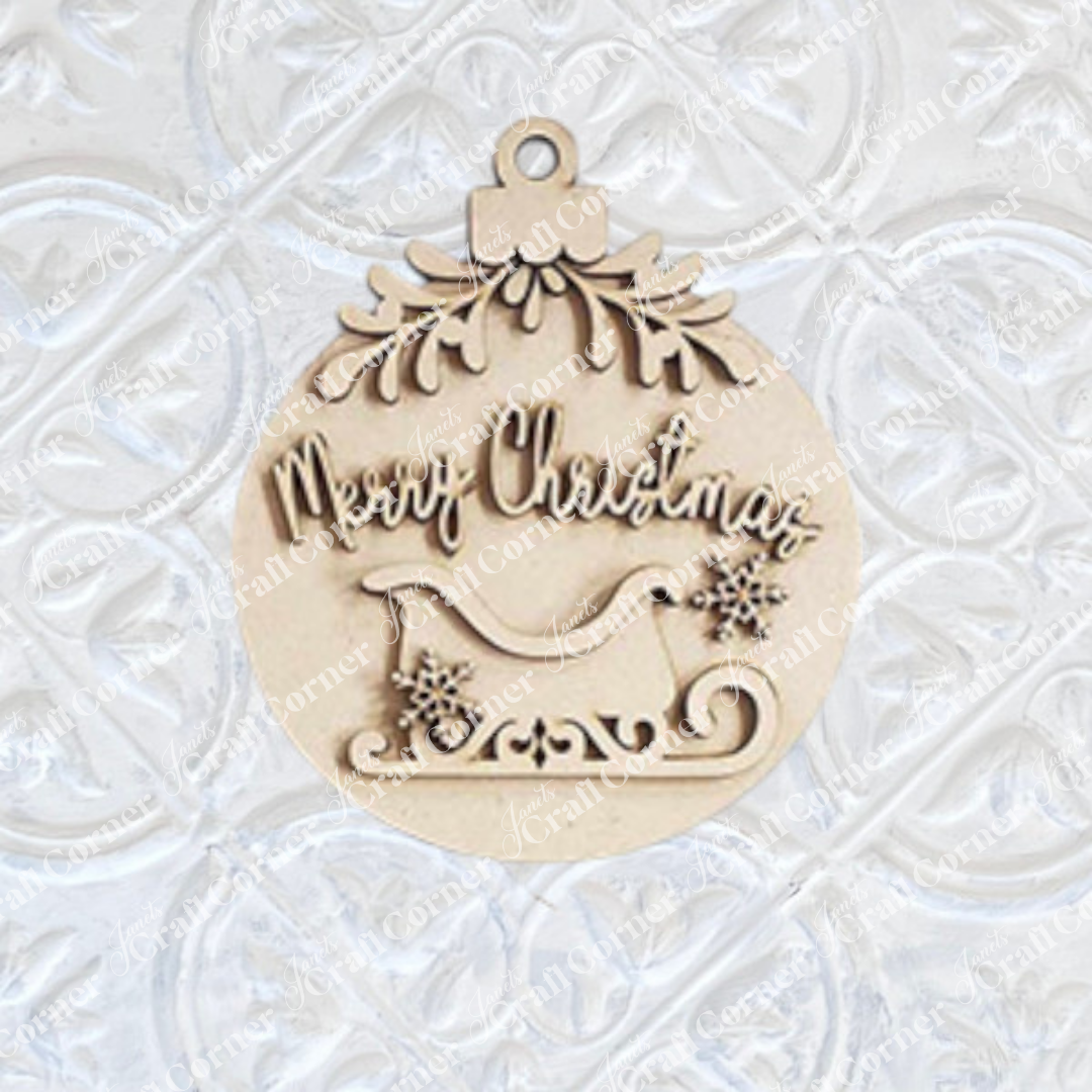 The Mistletoe Ornaments DIY Decor Kit by Janet's Craft Corner includes 6 wooden bauble-shaped ornaments with sleigh and snowflake designs, perfect for adding festive charm to your holiday decor.