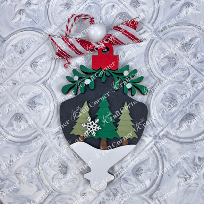 The Mistletoe Ornaments DIY Decor Kit by Janet's Craft Corner includes 6 festive bauble-shaped ornaments adorned with green trees, snow, and bows—perfect holiday decorations for your home.