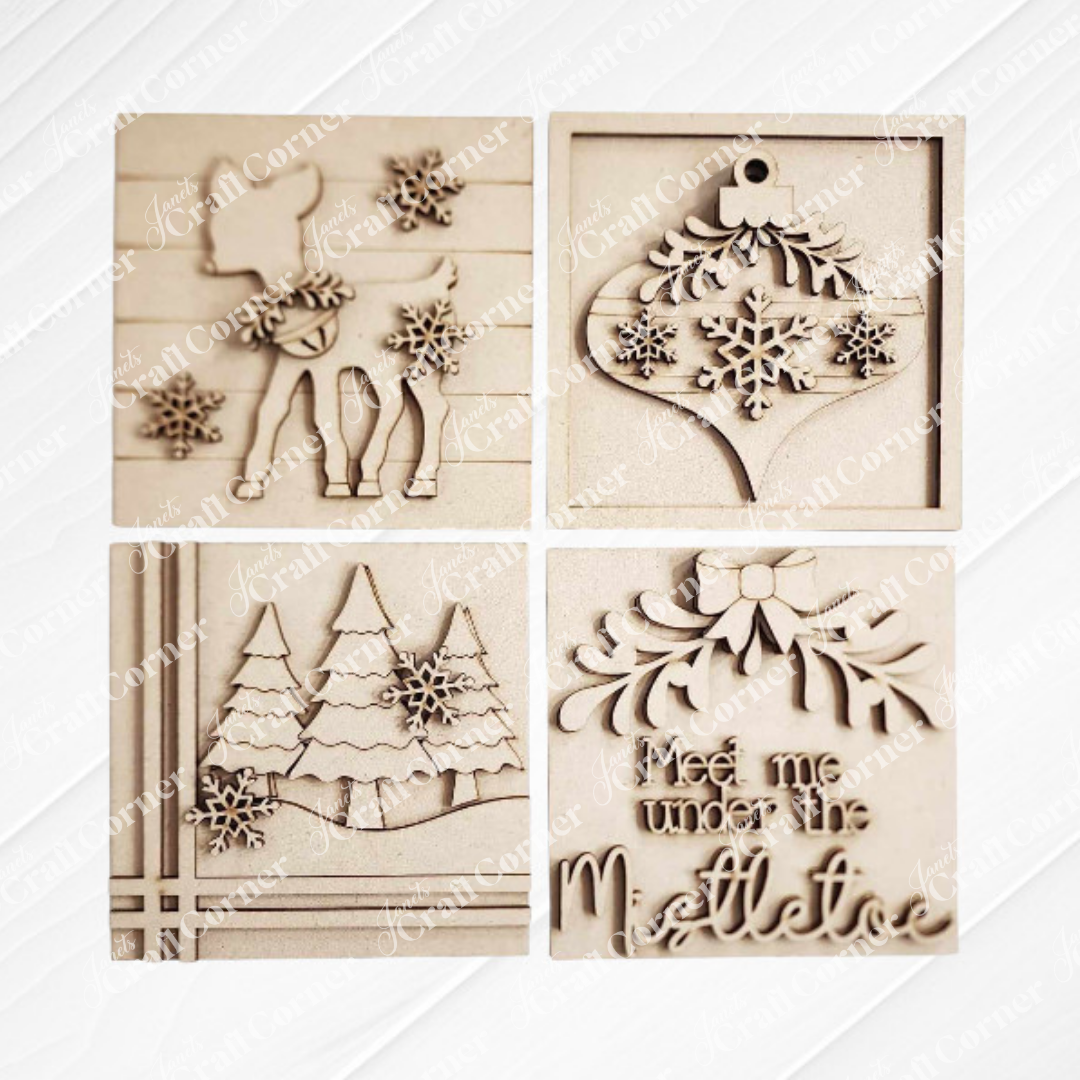 Janet's Craft Corner Mistletoe Swappable Squares DIY kit lets you choose 4 wooden ornaments with winter designs: ice skates, a bauble, pine trees, and "Meet me under the Mistletoe"—perfect for seasonal tiered tray decor.