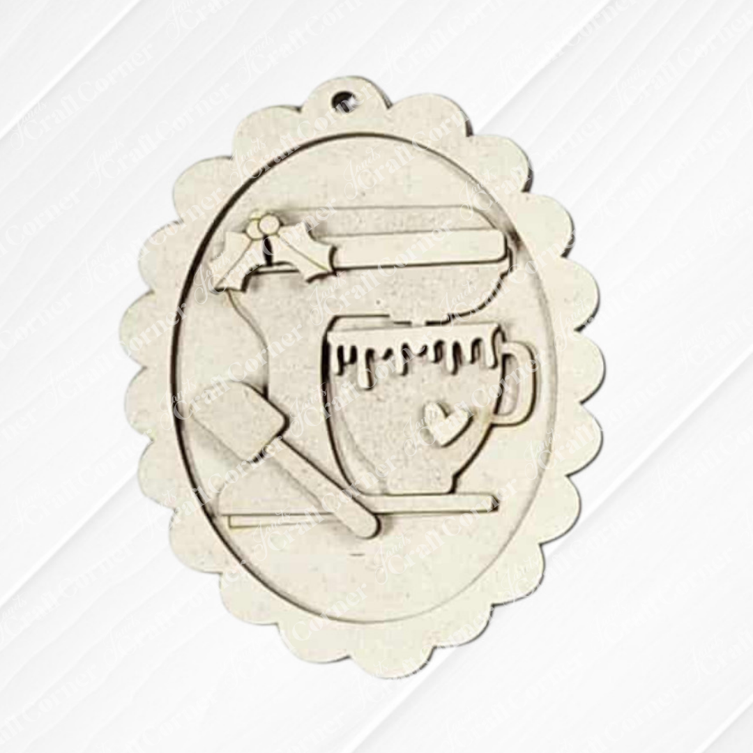 Janet's Craft Corner Christmas Baking Ornaments DIY kit includes 5 oval wood ornaments with scalloped edges and cutouts of a jar, mug with heart, spoon, and bow—ideal for festive holiday decorations or crafting fun.