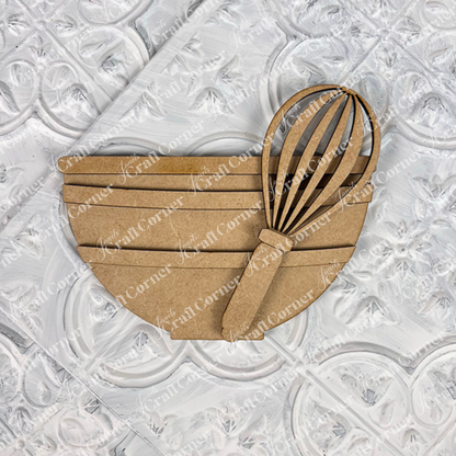 The Vintage Santa Cookies Decor Set by Janet's Craft Corner is a DIY craft kit of brown cardboard mixing bowl and whisk cutouts, ideal for Holiday Home Decor or tiered trays, shown on a textured white surface.