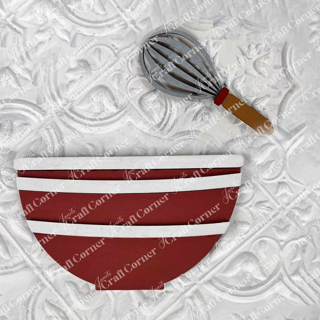 The Vintage Santa Cookies Decor Set DIY craft kit from Janet's Craft Corner features a red and white striped bowl and tan-handled whisk, ideal for festive Holiday Home Decor or adding cheer to your Tiered Tray Set.
