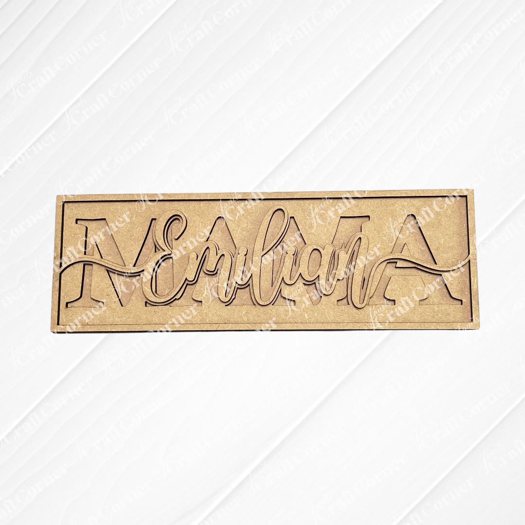 The Personalized Mom Sign by Janet's Craft Corner features "Emilian" in cursive over large "EMA" letters—a custom wooden plaque ideal as a family sign or unique mom gift, perfect for displaying as a charming shelf sitter.