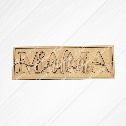The Personalized Mom Sign by Janet's Craft Corner features "Emilian" in cursive over large "EMA" letters—a custom wooden plaque ideal as a family sign or unique mom gift, perfect for displaying as a charming shelf sitter.