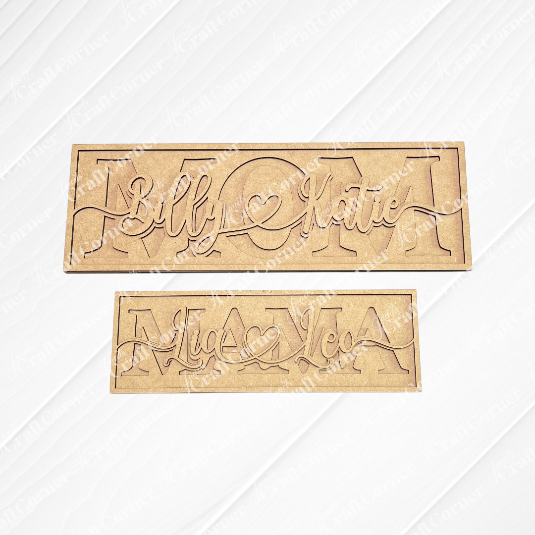 The Personalized Mom Sign by Janet's Craft Corner includes two rectangular shelf sitters, one reading "Mom" with "Billy & Mattie," and the other "Mum" with "Mia & Leo." Both are heart-accented custom gifts for moms.