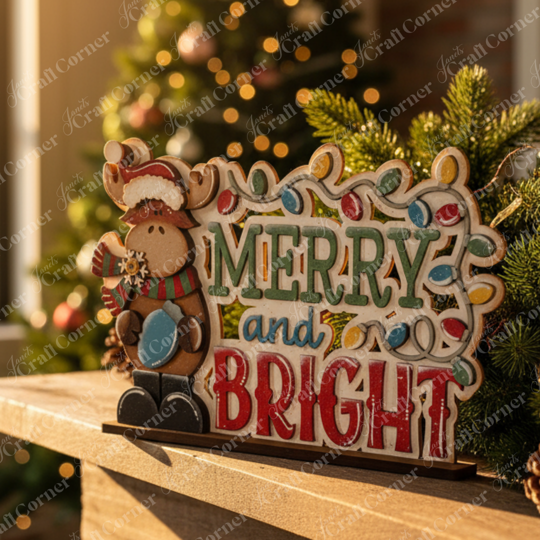 Add woodland cheer to your home with Janet's Craft Corner’s Moose Merry and Bright Word Art Shelf Sitter DIY kit—a festive seasonal decor featuring a moose in a Santa hat and scarf beside a bright holiday sign. Set of 1.