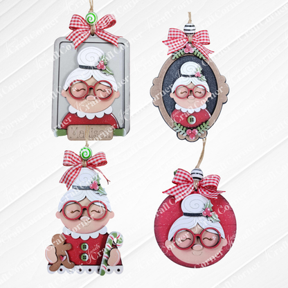 Janet's Craft Corner Mrs. Claus Ornaments: Set of four festive ornaments featuring a cheerful elderly woman with glasses and a white bun, plaid bows, and holiday accents—perfect for your DIY holiday craft kit.