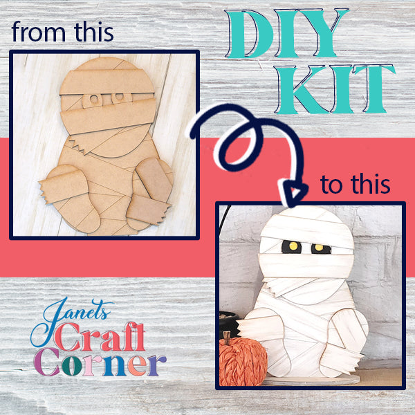 Transform a simple wooden mummy cutout into a painted and decorated masterpiece with Janet's Craft Corner Mummy Shelf Sitter DIY Home Decor Kit. Featuring white bandages, yellow eyes, and a small pumpkin, this kit allows you to create an artful centerpiece for your shelf.