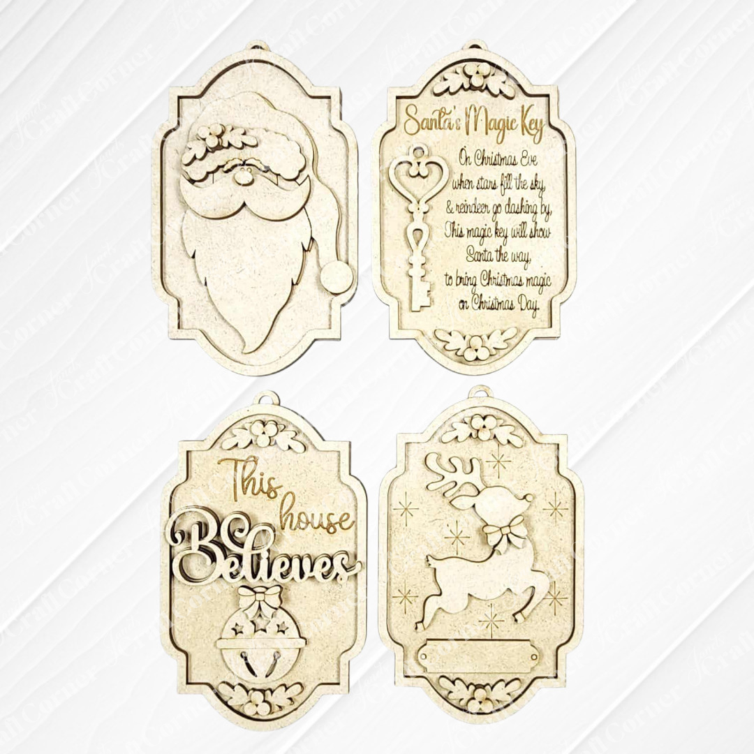 Janet's Craft Corner North Pole Ornaments DIY kit includes four wooden ornaments: Santa’s face, a poem and key, “This house Believes,” and a sleigh with reindeer—perfect for holiday crafting or seasonal decorating.