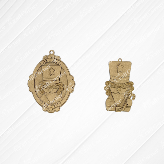 Add a vintage touch to your holiday décor with these Nutcracker Ornaments from Janet’s Craft Corner. This DIY holiday craft kit features your choice of two brass charms: one is an oval frame with a bearded nutcracker wearing a star hat, surrounded by flowers, and the other showcases a standing nutcracker with a star hat, mustache, belt, and round nose. Both pieces are charming options for making unique Christmas tree decorations or custom ornaments. Displayed against a white background.