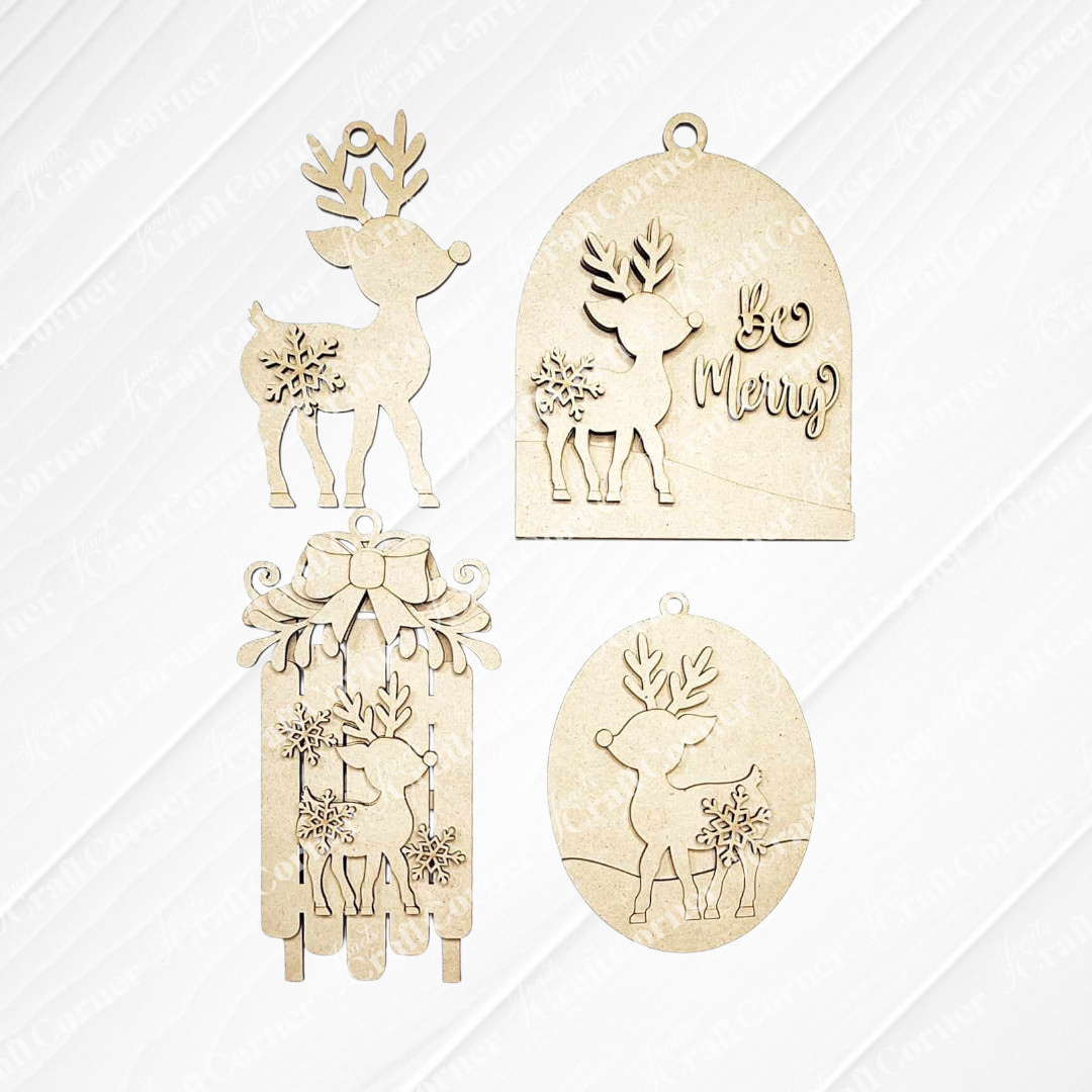 Enhance your festive season with the Oh Deer Ornament Set from Janet's Craft Corner, featuring four wooden Christmas ornaments adorned with reindeer designs. Each uniquely shaped ornament is detailed with snowflakes, bells, and the phrase "Be Merry," adding a touch of hand-painted home décor magic to any space.