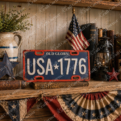 The Old Glory License Plate Shelf Leaner by Janet's Craft Corner is a DIY seasonal home decor kit featuring a "USA 1776 OLD GLORY" plate, perfect for patriotic farmhouse displays with red, white, and blue accents. Set of 1.