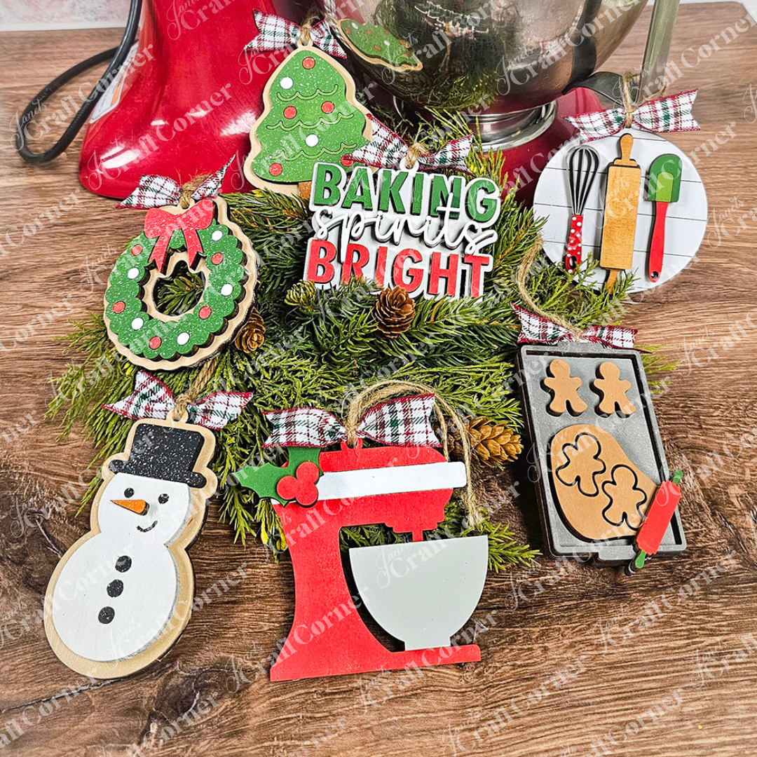 Janet's Craft Corner Baking Spirits Bright Ornaments DIY kit lets you craft and display your choice of 4 festive shapes—tree, wreath, mixer, snowman, baking tools, or gingerbread—for charming holiday decor.