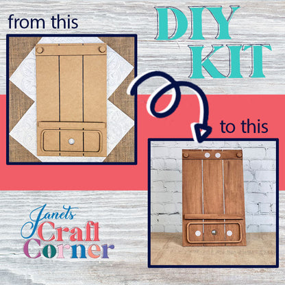A before-and-after display features the Pallet Interchangeable Base DIY home decor kit, highlighting its transformation. On the left, you can see the unassembled pieces, while the right showcases the rustic charm of the completed product. Ideal for home décor enthusiasts, this kit is available at Janet's Craft Corner with prominent branded details in the background.