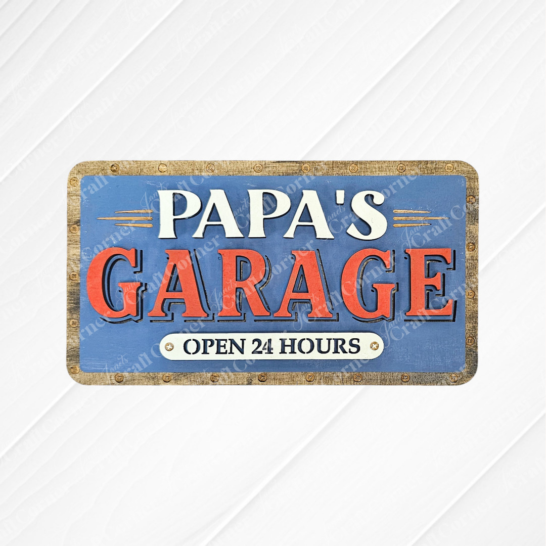 The Personalized Garage Shelf Leaner by Janet's Craft Corner is a DIY seasonal home decor craft kit featuring "Papa's Garage" and "Open 24 Hours" on an unfinished wood sign—perfect for your next project.