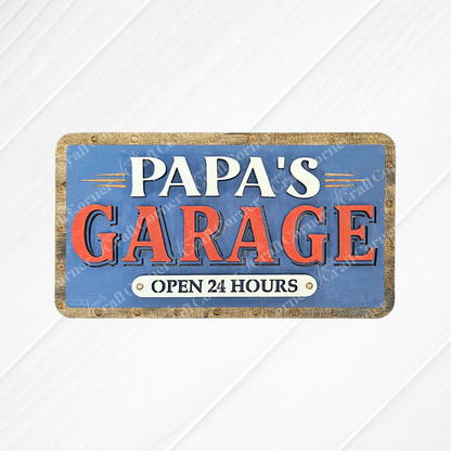 The Personalized Garage Shelf Leaner by Janet's Craft Corner is a DIY seasonal home decor craft kit featuring "Papa's Garage" and "Open 24 Hours" on an unfinished wood sign—perfect for your next project.