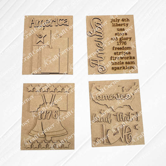 Celebrate the Fourth of July with Janet's Craft Corner Patriotic Farmhouse Signs DIY kit—set of 1 brown Kraft card featuring laser-cut designs like "America," "1776," and "liberty"—ideal for switchable seasonal decor or tiered trays.