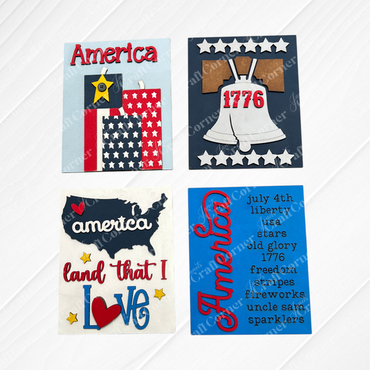 Janet's Craft Corner Patriotic Farmhouse Signs DIY kit includes one festive red, white, and blue decor piece with stars, stripes, and the Liberty Bell—perfect for tiered trays or as a switchable seasonal accent for your home.