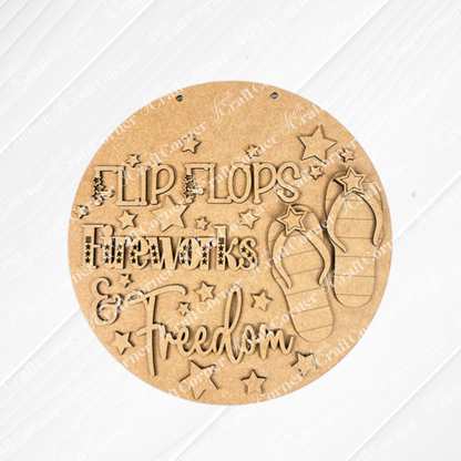 The Flip Flops Fireworks Freedom Sign – DIY Craft Kit by Janet's Craft Corner features engraved flip flops, stars, and festive text on a light wood background—perfect 4th of July décor for your home.