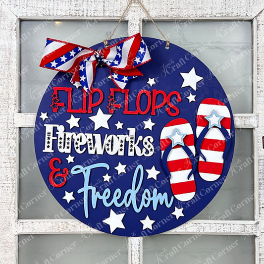 Janet's Craft Corner Flip Flops Fireworks Freedom Sign DIY Kit features stars, red-white-and-blue flip flops, and a ribbon on dark blue—ideal 4th of July décor for patriotic summer celebrations.