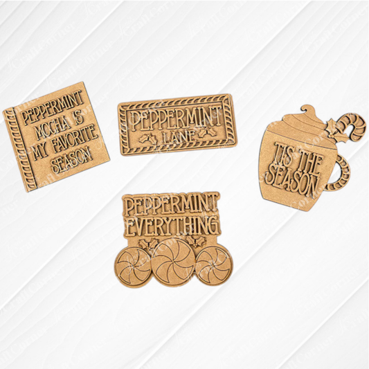 Discover a charming home décor collection from Janet's Craft Corner with the Peppermint Mocha Tiered Tray DIY Home Decor Kit. This kit features wooden cutouts adorned with phrases like "PEPPERMINT MOCHA IS MY FAVORITE SEASON," "PEPPERMINT LANE," and "'TIS THE SEASON." Decorated with playful peppermint swirls and an inviting mug topped with whipped cream, it is perfect for your festive DIY craft projects.