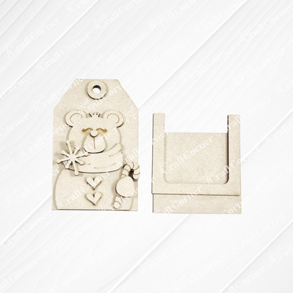 Janet's Craft Corner Forest Friends Ornaments DIY kit includes two unpainted wooden pieces: a bear-tag with star and hearts, plus a stand—perfect for crafting your own woodland decorations. Choice of 5 designs available.