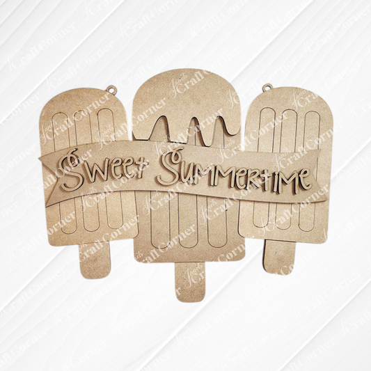 The Sweet Summertime Door Hanger from Janet's Craft Corner is a DIY home decor kit featuring wooden wall art of three ice cream bars. The middle bar has drips, a "Sweet Summertime" banner in decorative script, and a grooved background for added charm.