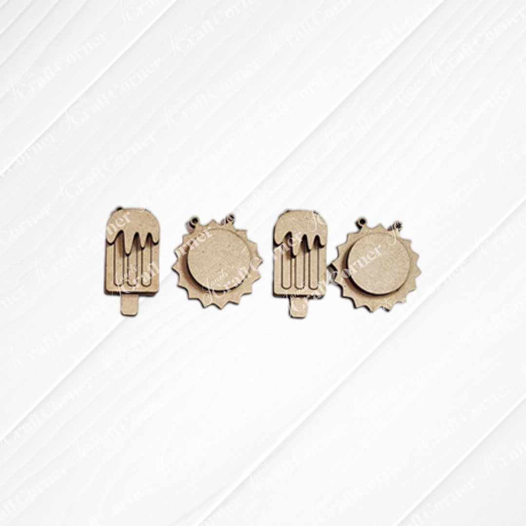 The Hello Summer Decor Set by Janet's Craft Corner includes four gold-colored charms—two popsicles and two suns, each with a loop—perfect for tiered tray decorating or adding easy summer flair to your home.