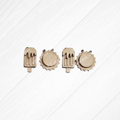 The Hello Summer Decor Set by Janet's Craft Corner includes four gold-colored charms—two popsicles and two suns, each with a loop—perfect for tiered tray decorating or adding easy summer flair to your home.