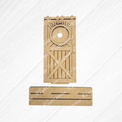 Janet's Craft Corner Farmhouse Porch Interchangeable Base is a DIY home decor kit with laser-cut wooden pieces, a barn-style door, farmhouse accents, slanted planks, wreath design, and slot base for flexible seasonal wall art. Set of 1.