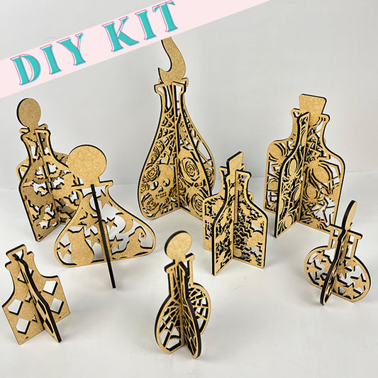 Explore the captivating Potion Bottles Set of Eight 3-D Shelf Sitters from Janet's Craft Corner. This enchanting DIY kit is perfect for fall, featuring intricately carved wooden cutouts with mystical botanical patterns to ignite your creativity.