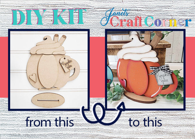 Start your DIY adventure with Janet's Craft Corner's Pumpkin Latte Mini Shelf Sitter! This kit includes a wooden pumpkin cutout on the left, ready to be transformed into a charming Pumpkin Latte Shelf Sitter featuring painted details, whipped cream, cinnamon sticks, and a bow on the right. Text at the bottom reads: "DIY Kit from this to this.