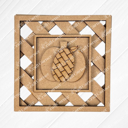 The Pumpkin Spice Squares by Janet's Craft Corner features a square wooden lattice frame with a cutout peach design and textured leaf pattern. Its light background with diagonal lines makes it perfect as charming tiered tray decor.