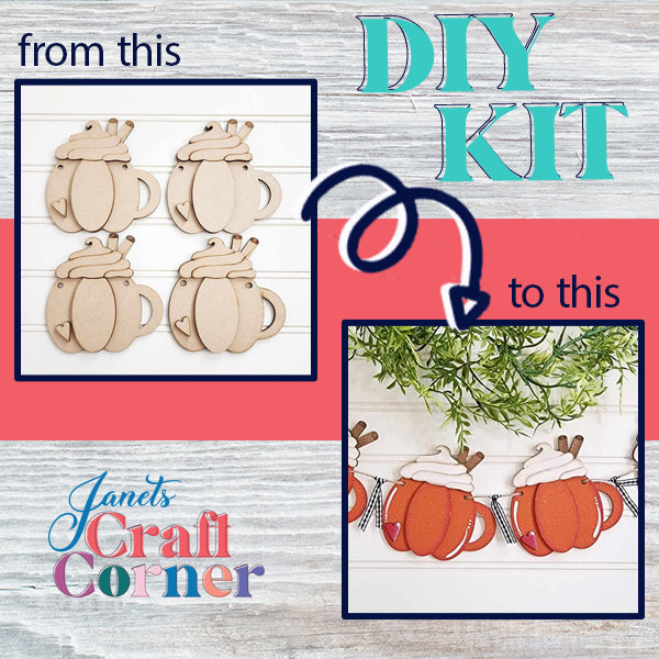 Wooden pumpkin cutouts and mugs come together to create a lively pumpkin spice banner, ideal for any home decor setting, all set against a light wooden background. Text reads "from this to this DIY Craft Kit" and "Pumpkin Spice Banner | DIY home decor kit by Janet's Craft Corner.