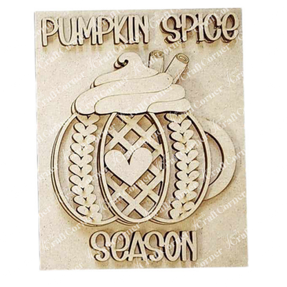 The Pumpkin Spice Season Interchangeable Sign from Janet's Craft Corner displays a carved pumpkin pie decorated with whipped cream and cinnamon sticks. Featuring the phrase "Pumpkin Spice Season" around the design, it includes a heart on the pie. Ideal for DIY Craft Kit enthusiasts, this sign is designed to capture the spirit of autumn.