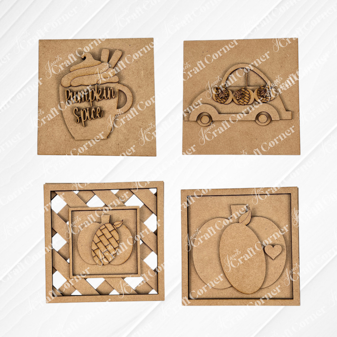 Janet's Craft Corner's Pumpkin Spice Squares: four brown wood cut-outs—swappable tiered tray decor featuring a "Pumpkin Spice" mug, sunflower car, lattice pineapple pie, and a heart peach.