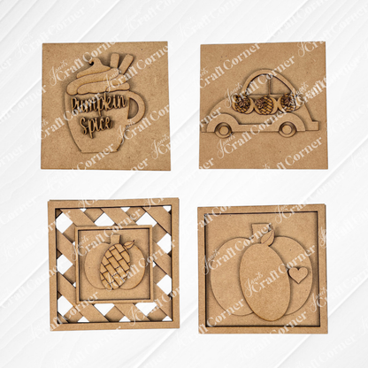 Janet's Craft Corner's Pumpkin Spice Squares: four brown wood cut-outs—swappable tiered tray decor featuring a "Pumpkin Spice" mug, sunflower car, lattice pineapple pie, and a heart peach.