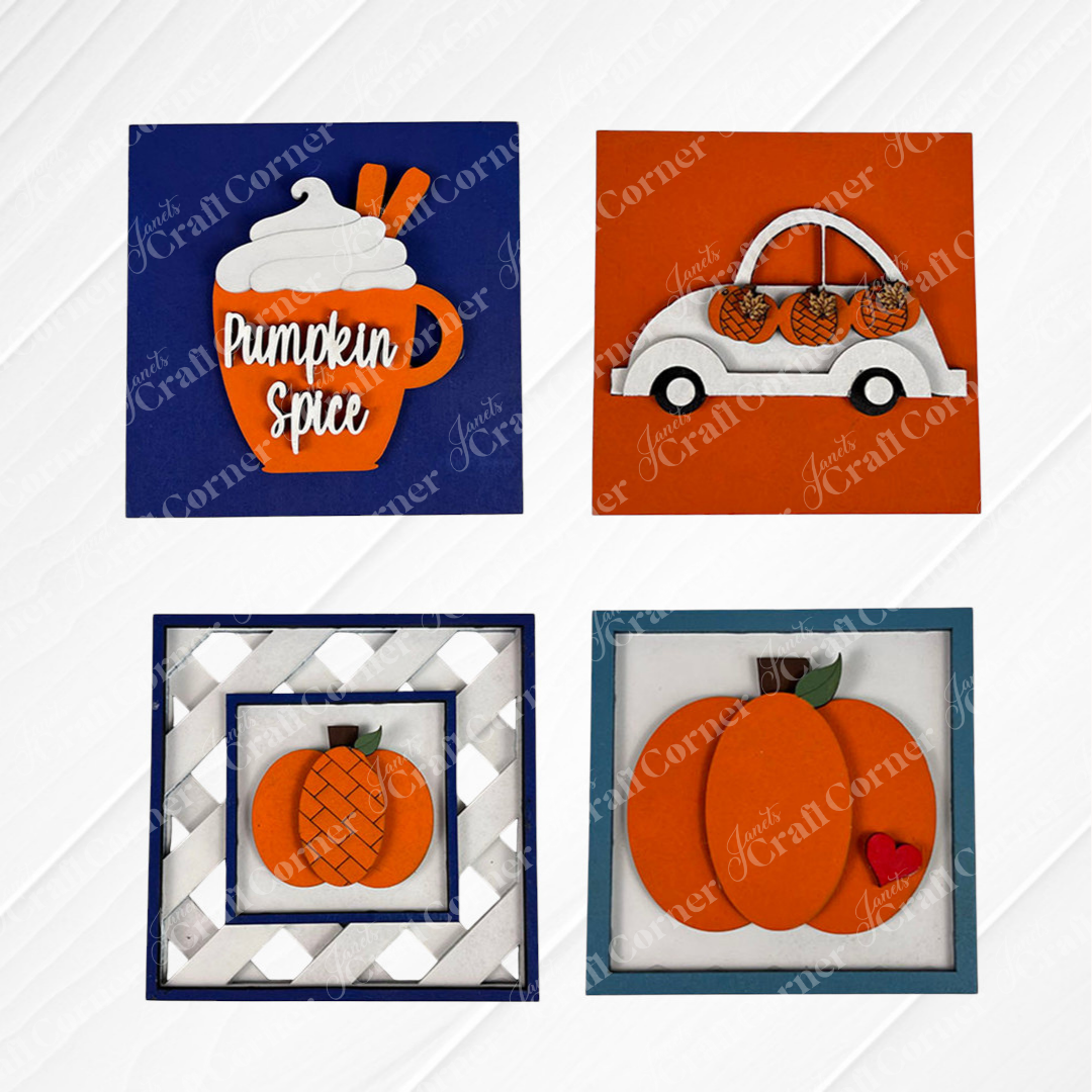 Janet's Craft Corner Pumpkin Spice Squares: Four autumn-themed tiered tray pieces—a pumpkin spice mug, car with pumpkins, swappable pumpkin square, and two pumpkins with a red heart—on colorful backgrounds.
