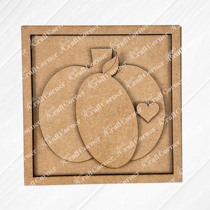 Pumpkin Spice Squares by Janet's Craft Corner: a square unfinished wood cut-out with three overlapping pumpkins (one with a leaf, one with a heart). Ideal for Swappable Squares or tiered tray decor.