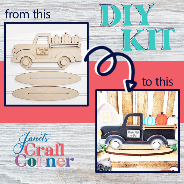 Janet's Craft Corner offers a Pumpkin Truck Mini Shelf Sitter DIY home decor kit, featuring a wooden truck cutout that you can transform into an enchanting black truck filled with vibrant pumpkins. The set includes "from this" next to the cutouts and "to this" alongside the finished craft, all against a rustic wood texture—ideal for creating personalized home décor.