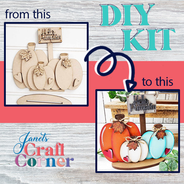 Janet's Craft Corner presents the delightful DIY transformation of their Pumpkins Mini Shelf Sitter kit. In the first image, you see unadorned wooden pumpkins with "Hello Pumpkin" engraved. The second image brings them to life as beautifully painted pumpkins in shades of orange, teal, and white, adorned with decorative leaves and hearts. Arrows illustrate this captivating transition.