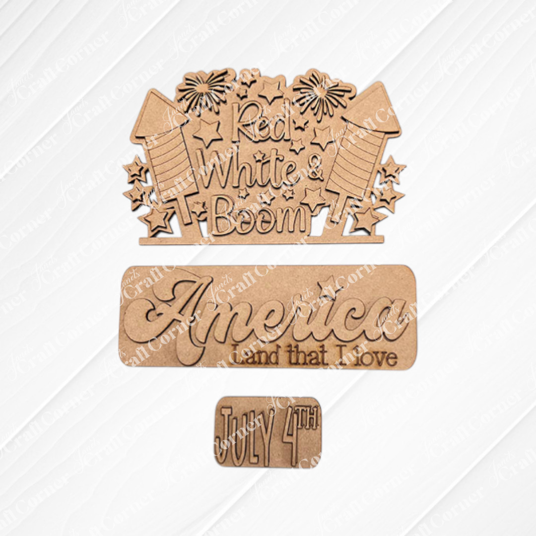 Discover the allure of the Red White & Boom Interchangeable Insert by Janet's Craft Corner, ideal for adding Patriotic Decor to your space. The top insert features "Red White & Boom" with fireworks, the middle celebrates with "America Land that I love," and the bottom commemorates with "July 4th." Opt for our hand-painted DIY craft kit to customize your décor uniquely.