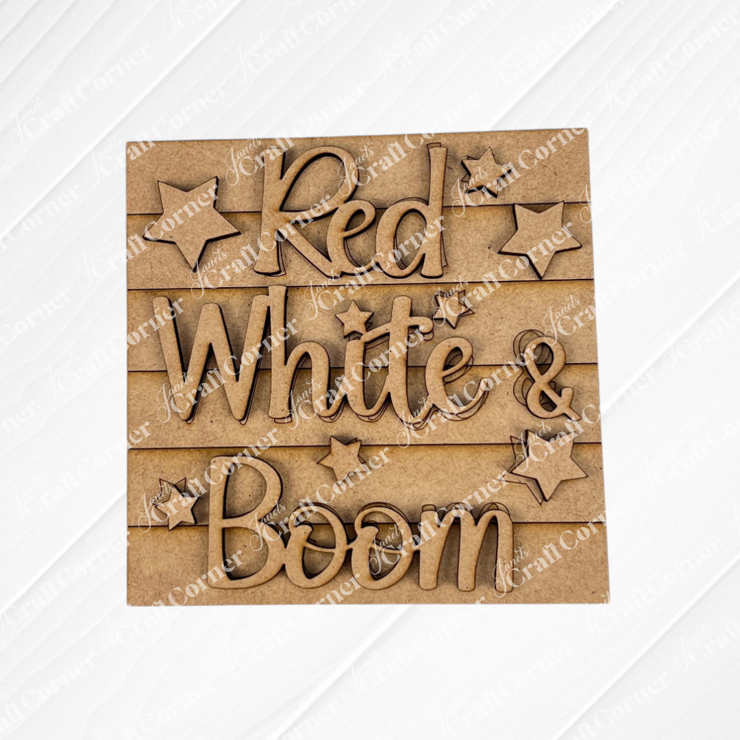 Celebrate Independence Day with Janet's Craft Corner Patriotic Squares DIY kit! Create a wooden sign with "Red White & Boom" and stars arranged in bold lines on wood squares—a festive, seasonal home décor project.