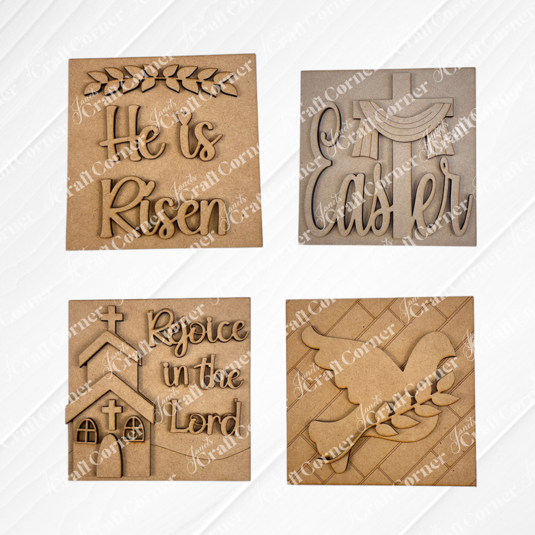 Janet's Craft Corner Religious Easter Squares includes four wooden plaques with Christian designs: “He is Risen” with leaf, “Easter” with dove, “Rejoice in the Lord” with church, and a dove carrying an olive branch. Perfect tiered tray decor.