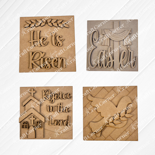 Janet's Craft Corner Religious Easter Squares includes four wooden plaques with Christian designs: “He is Risen” with leaf, “Easter” with dove, “Rejoice in the Lord” with church, and a dove carrying an olive branch. Perfect tiered tray decor.