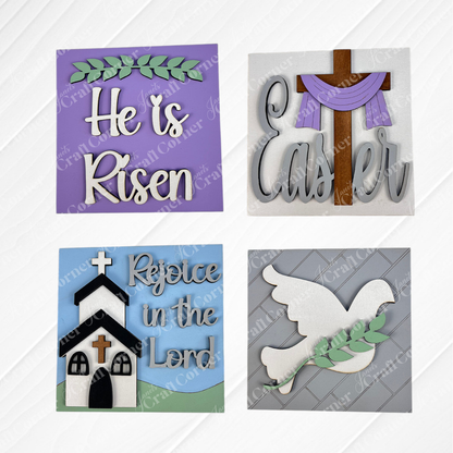 Religious Easter Squares by Janet's Craft Corner: four wood signs with "He is Risen" (leaves), "Easter" (cross), "Rejoice in the Lord" (church), and a white dove—perfect Christian tiered tray decor.