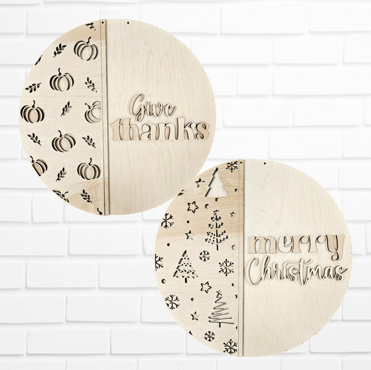 Enhance your home décor with Janet's Craft Corner's "Reversible Give Thanks/Merry Christmas Door Hanger" DIY craft kit. Adorned on a white brick background, one circular wooden plaque features "Give Thanks" with pumpkin cutouts, while the other displays "Merry Christmas" with tree and snowflake designs. Craft your own seasonal charm using this delightful kit.